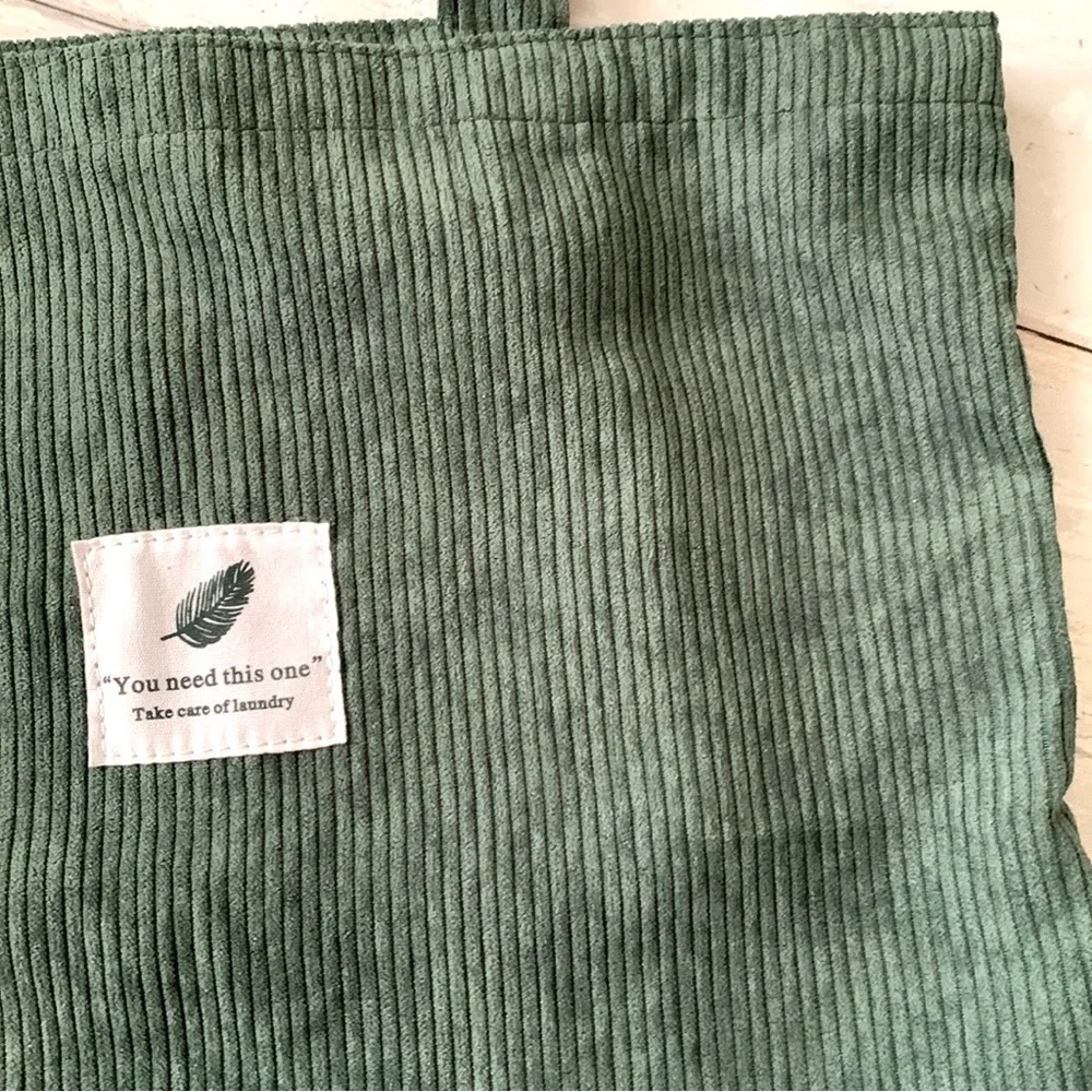 Corduroy Tote Bag Ribbed Green 100% Cotton Eco Reusable Purse Womens 14in x 14in